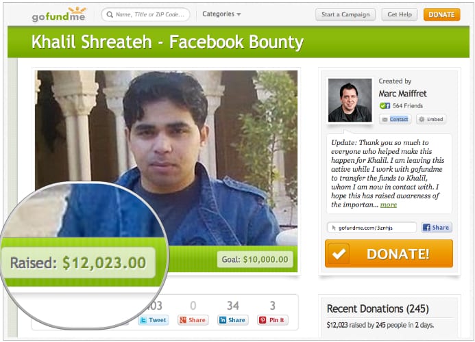 Fundraising for Khalil Shreateh has raised over $12,000
