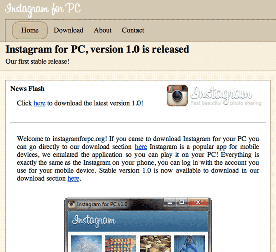 Instagram for PC webpage
