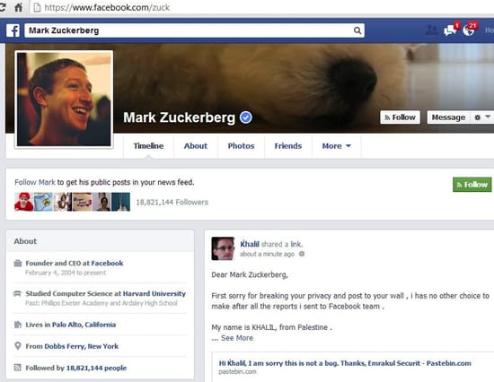 Mark Zuckerberg Facebook page hacked