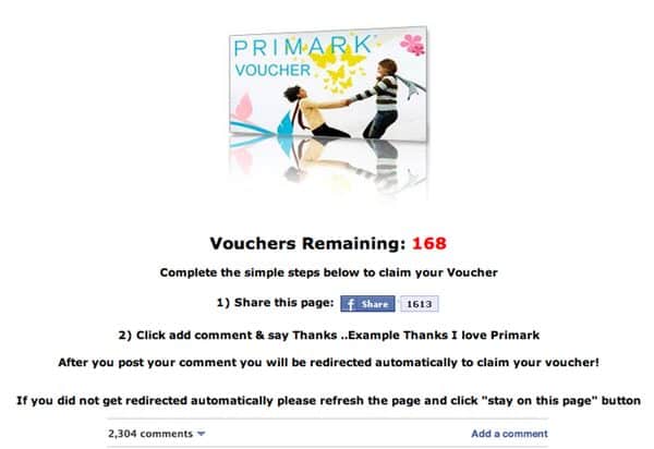 Primark scam webpage