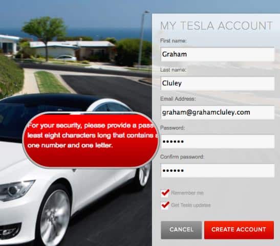 Tesla registration form, requiring eight character password