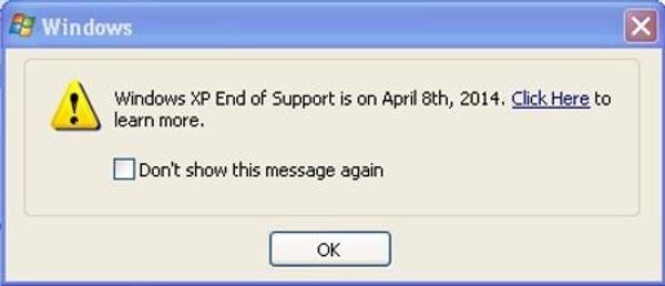 Windows XP end of support message