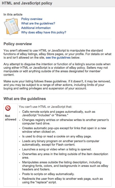 eBay guidelines for HTML and Javascript