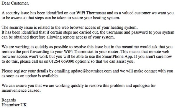 Heatmiser's email to customers