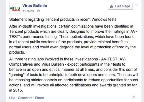 Virus Bulletin statement on Facebook