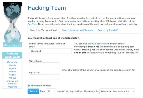 Search Hacking Team's email archive on Wikileaks