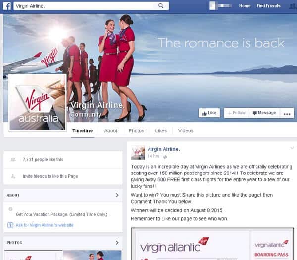 Fake Virgin Airlines Facebook page