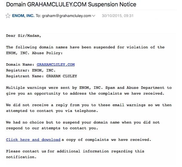 Malicious domain suspension notice