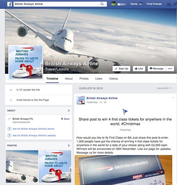 Fake British Airways Facebook page