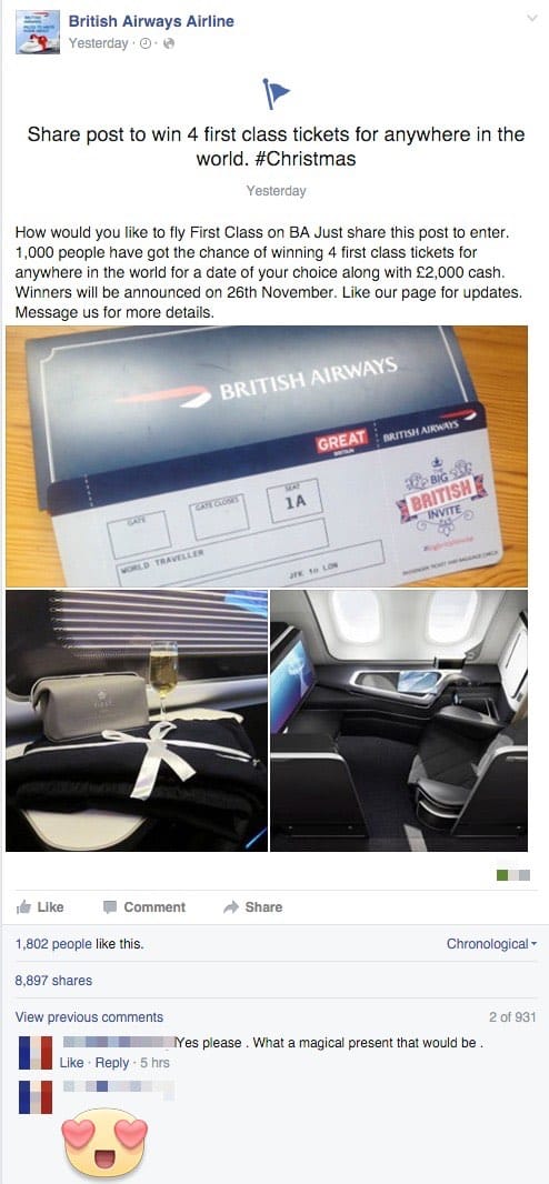 Fake British Airways post on Facebook