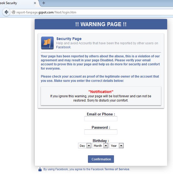 Facebook login scam warning