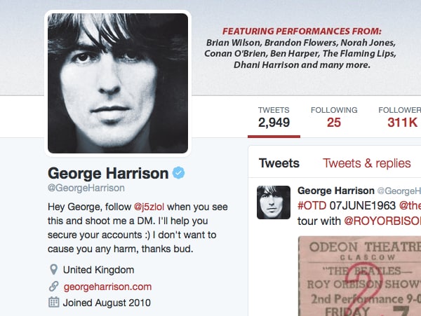 George Harrison's hacked bio on Twitter