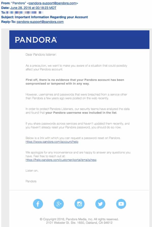 Email sent to Pandora user