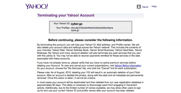 Terminate your Yahoo account