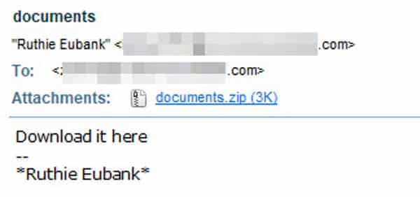 One of the Locky attack emails spotted by AppRiver.