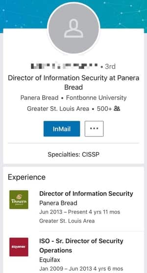 LinkedIn Equifax Panera Bread job history