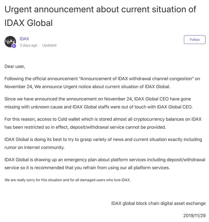 Idax announcement