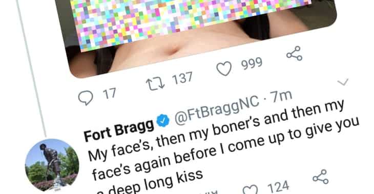 Fort Bragg fails to keep a firm grip on its Twitter account, as it blames hacker for saucy tweets