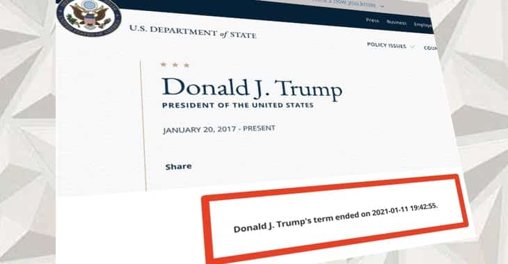Donald Trump's presidency ended today, claims altered US State Department website