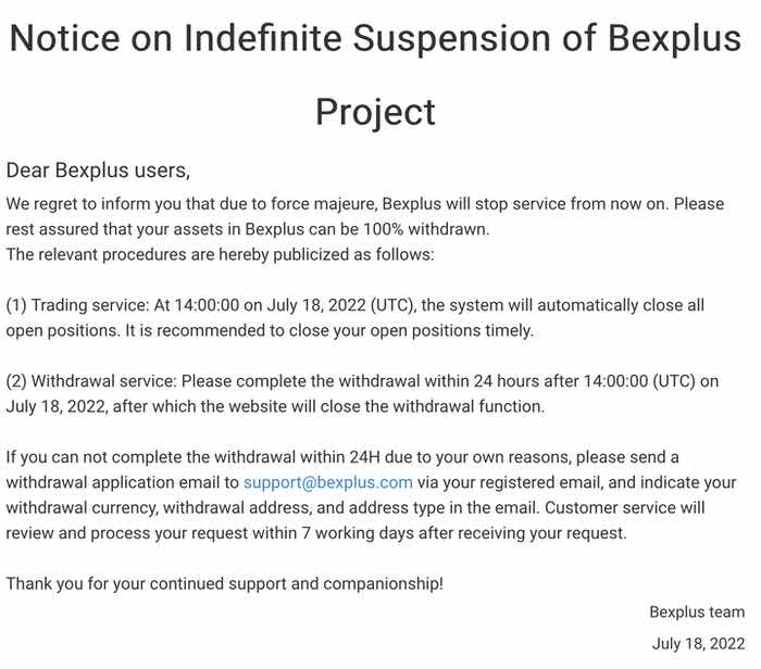 Bexplus suspension notice