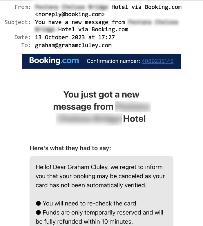 Fraudulent email, sent via Booking.com