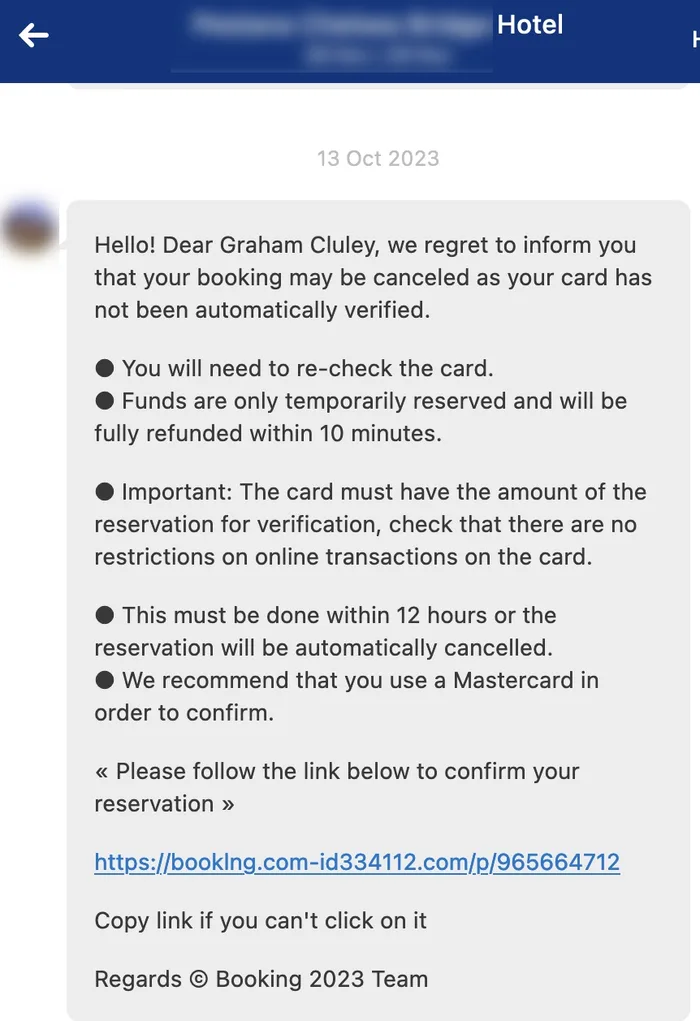 Fraudulent message appearing on Booking.com